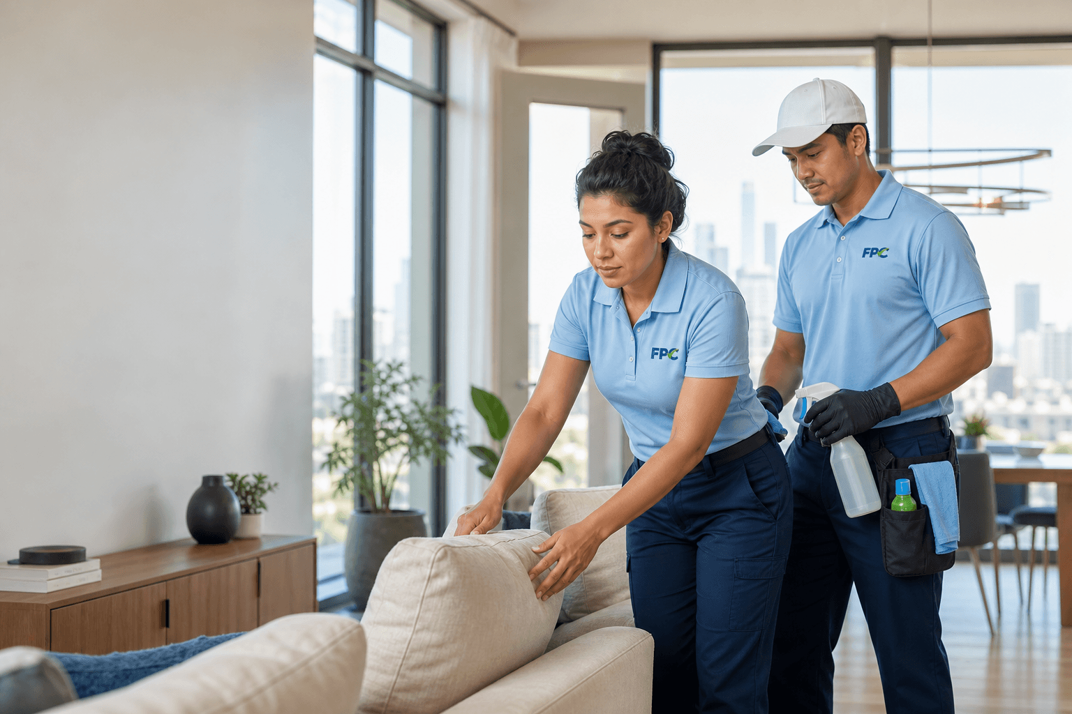 FriendlyProClean team members in light-blue uniform shirts cleaning a Los Angeles home; one team member wears a white hat