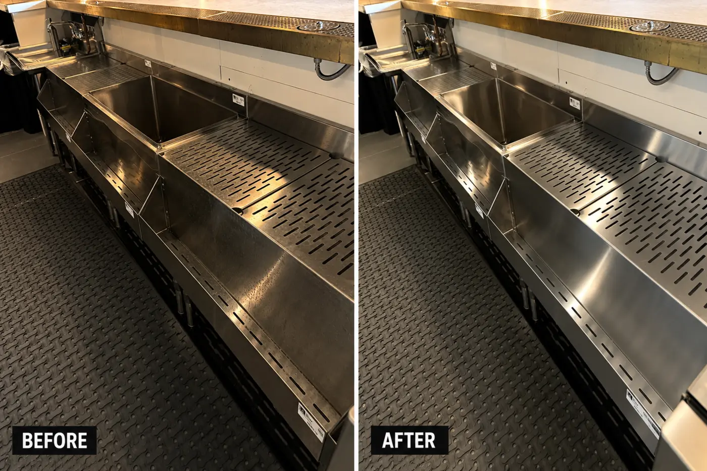 Before and after commercial stainless-steel bar sink cleaning in Los Angeles