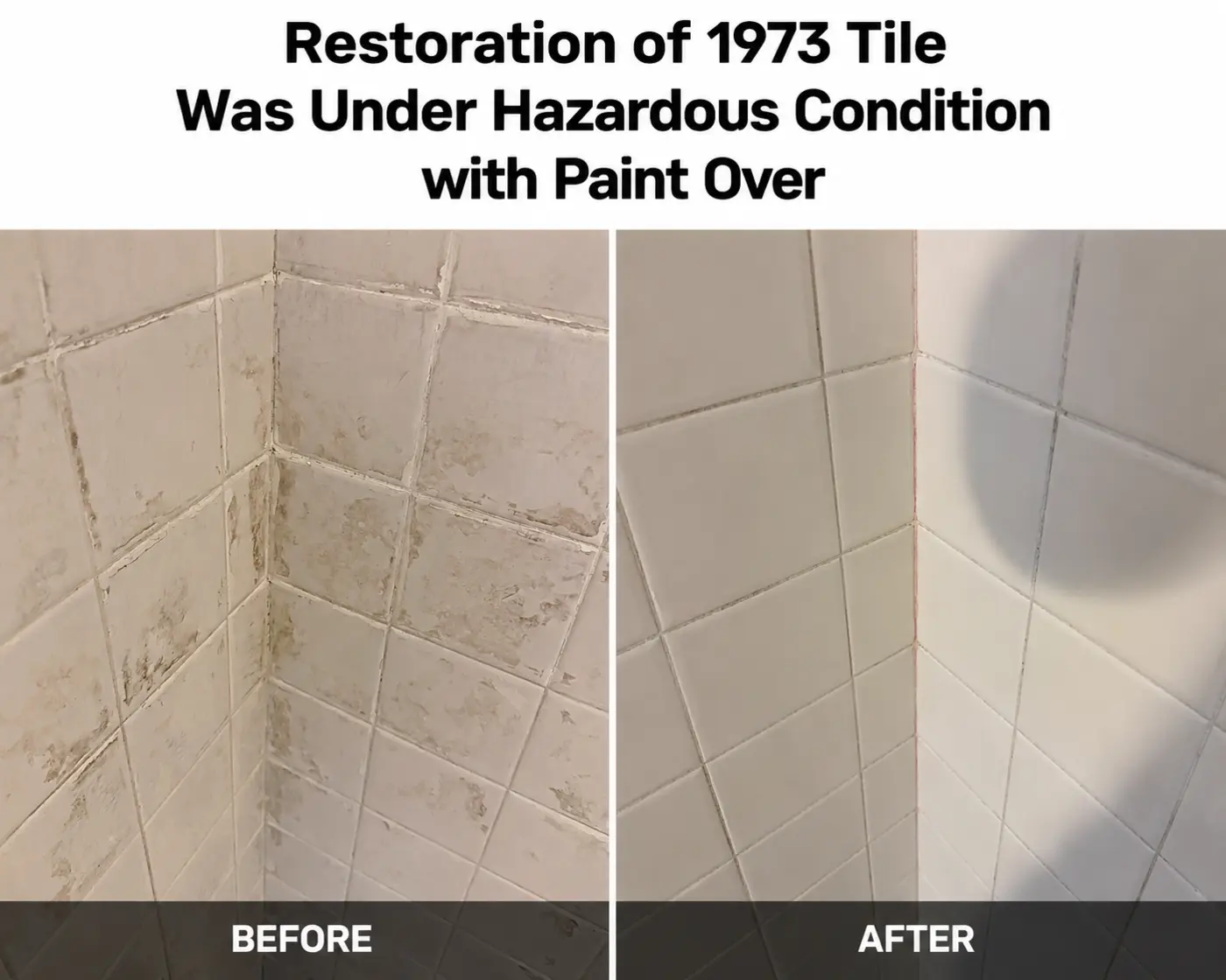 Before and after restoration of paint-covered 1973 bathroom tile in Los Angeles