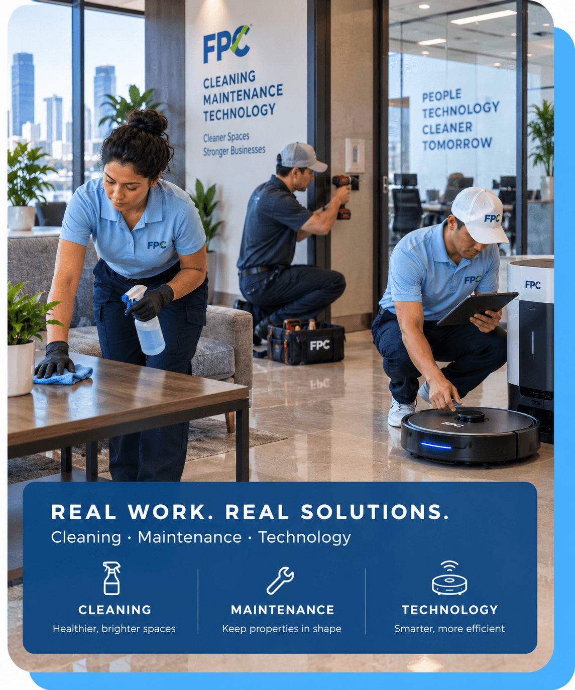 FPC Cleaning, Maintenance and Technology illustration showing surface cleaning, fixture maintenance, and a worker using a tablet beside cleaning equipment