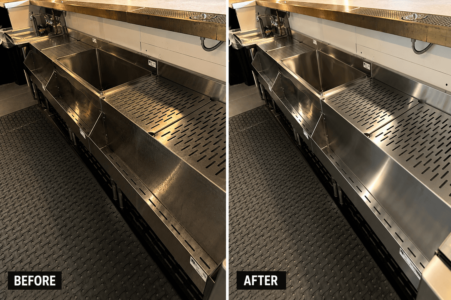 Before and after cleaning a stainless-steel commercial bar sink and service area